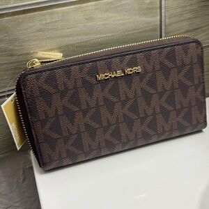 Michael Kors Jet Set Brown Wallet with Gold Zipper